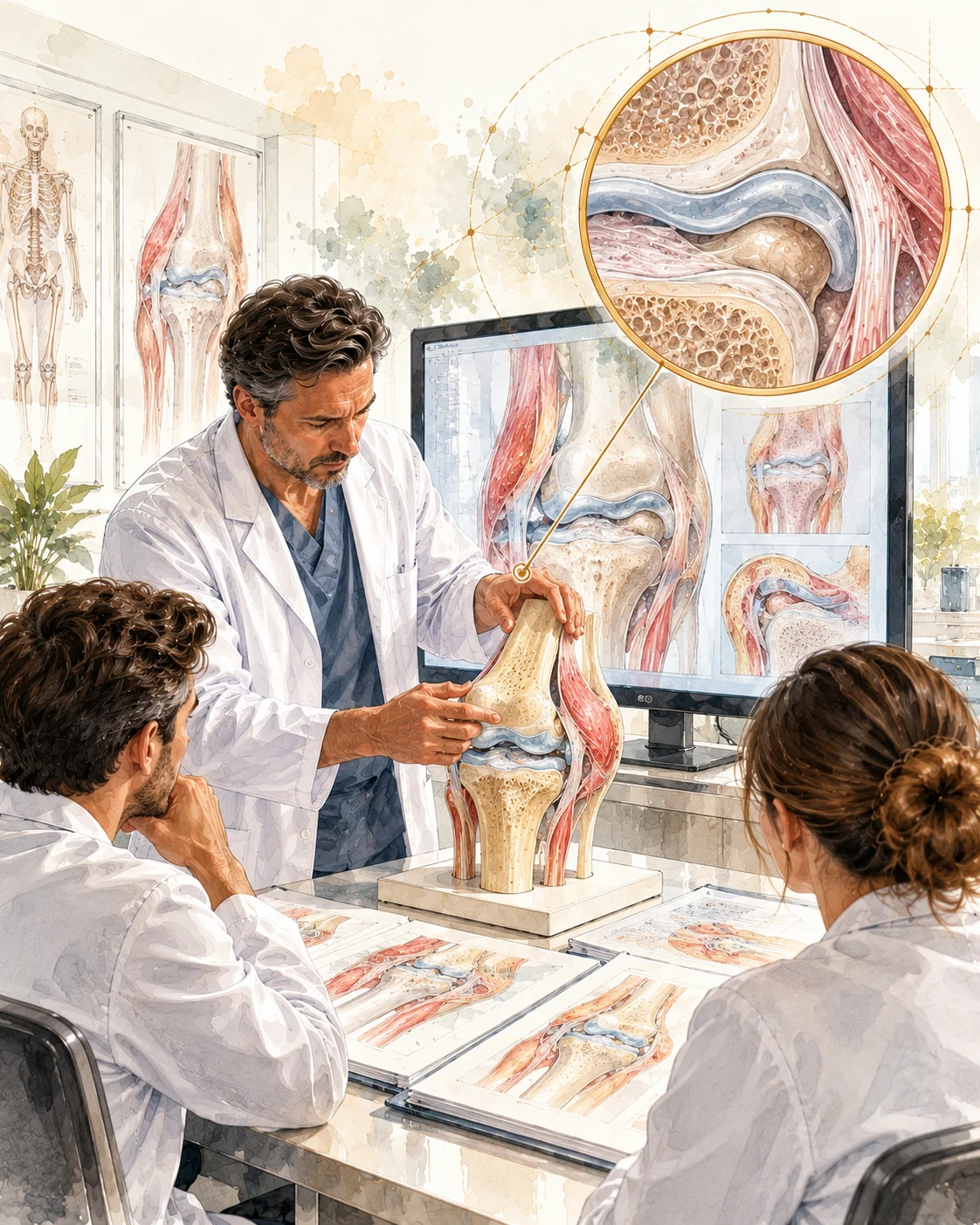 Physician teaching knee anatomy to clinic staff during stem cell training
