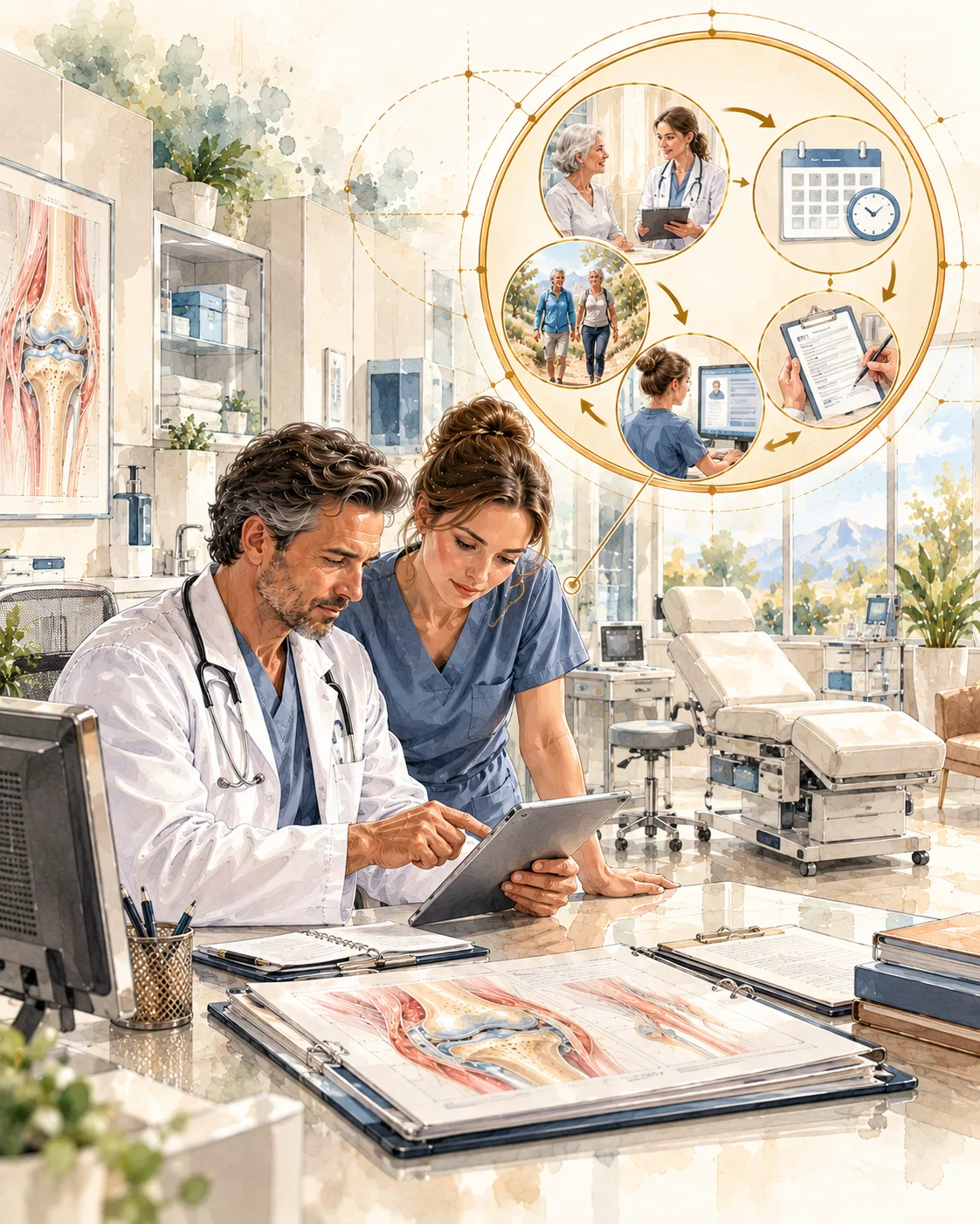 Physician and nurse reviewing the clinic workflow on a tablet