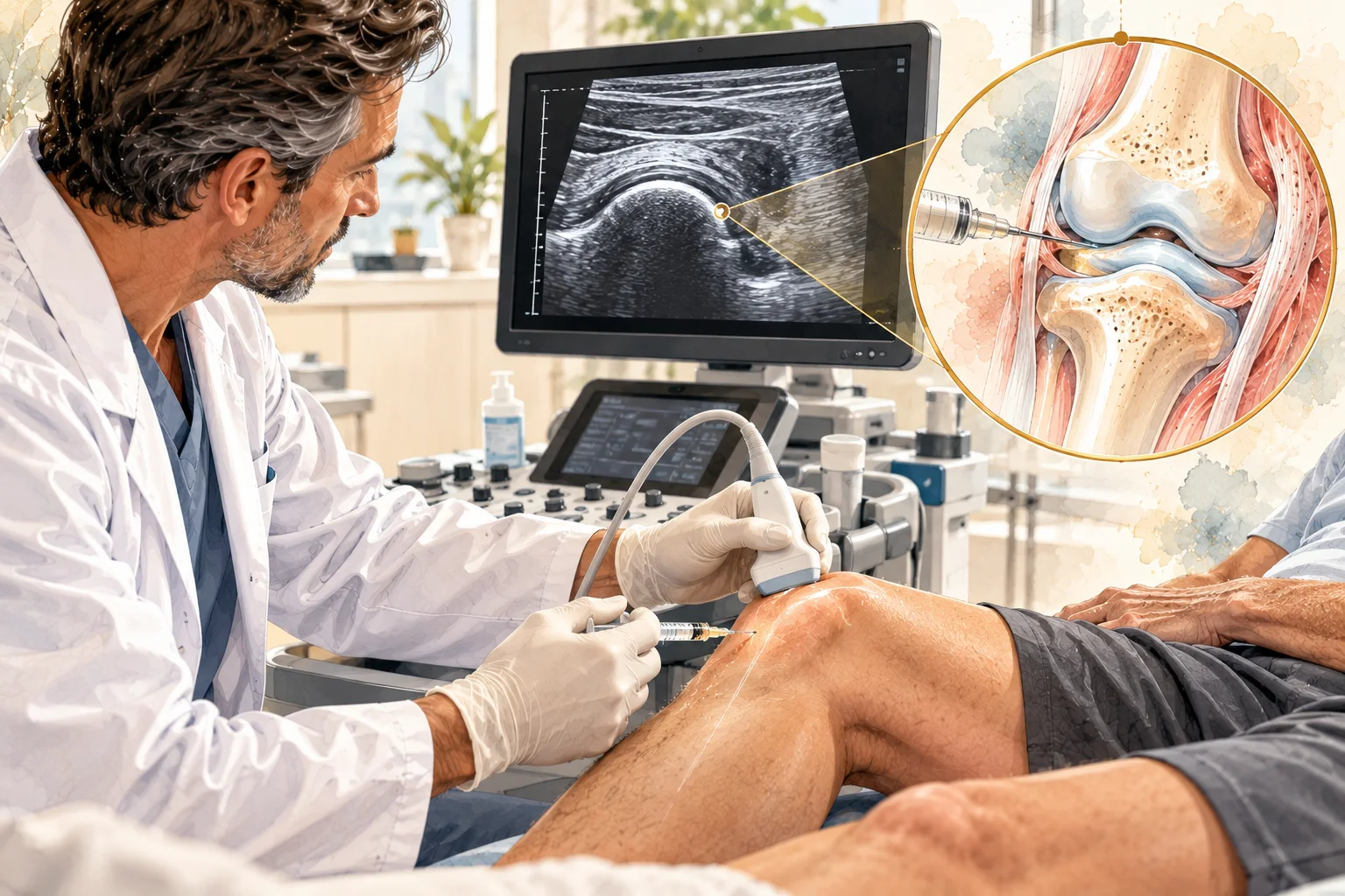 Provider performing an ultrasound-guided stem cell injection, trained on ATOM protocols