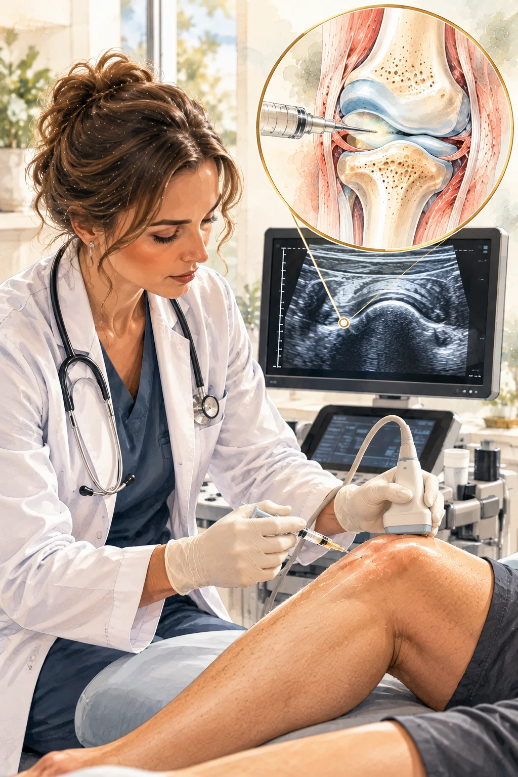 Provider using ultrasound guidance during a stem cell knee injection