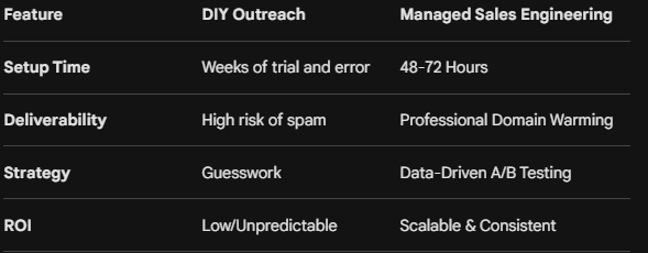 A comparison table showing the benefits of Managed Sales Engineering over DIY Outreach in New York, NY, highlighting faster setup times, professional domain warming, and scalable ROI.