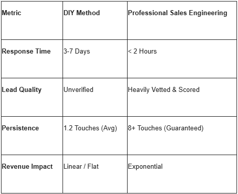 Comparison table showing the benefits of Professional Sales Engineering in Florida, highlighting faster response times and higher lead quality over DIY methods.