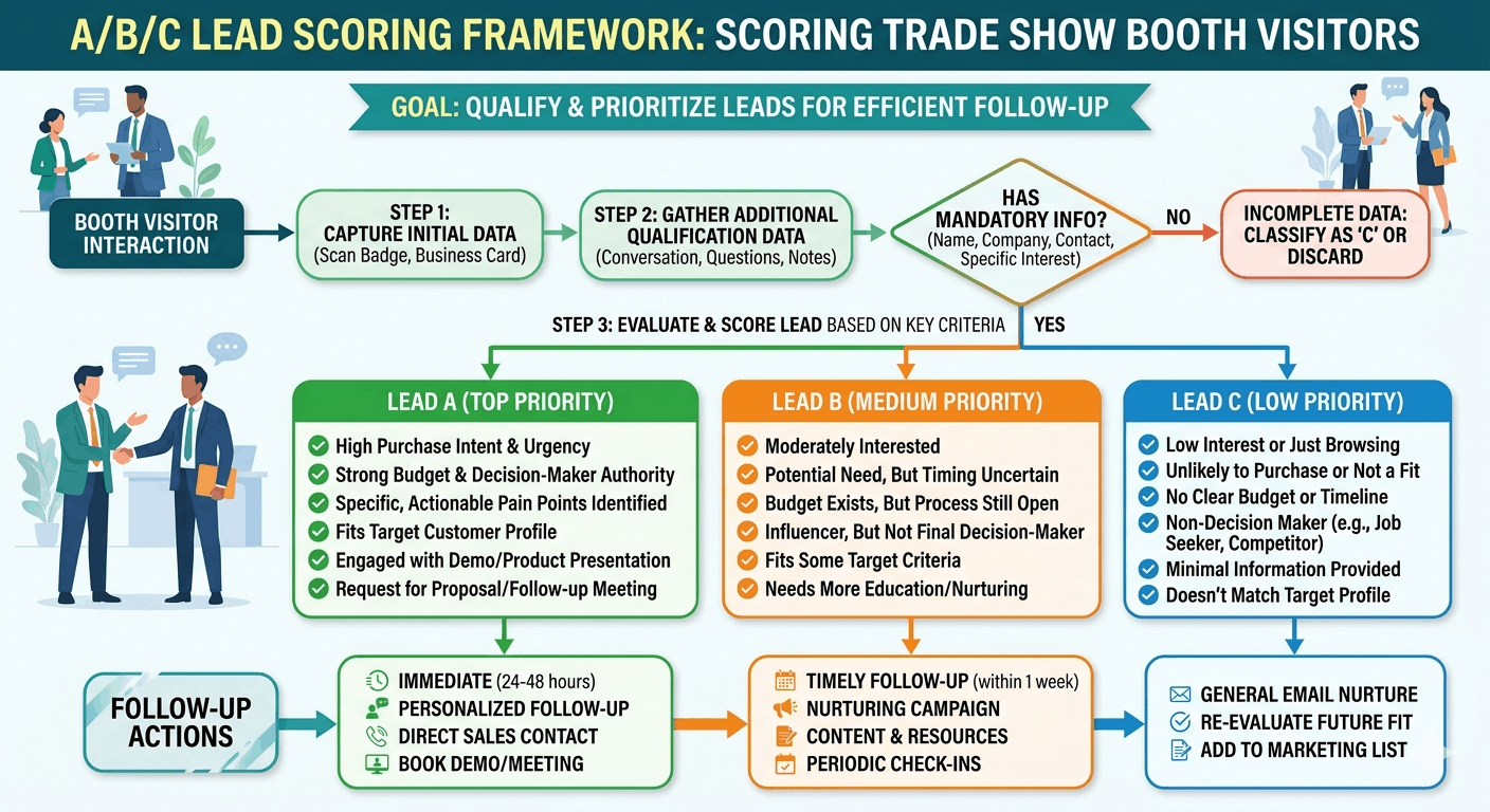 A comprehensive A/B/C lead scoring framework flowchart for qualifying trade show booth visitors in Florida, detailing steps from data capture to immediate follow-up for top-priority leads.