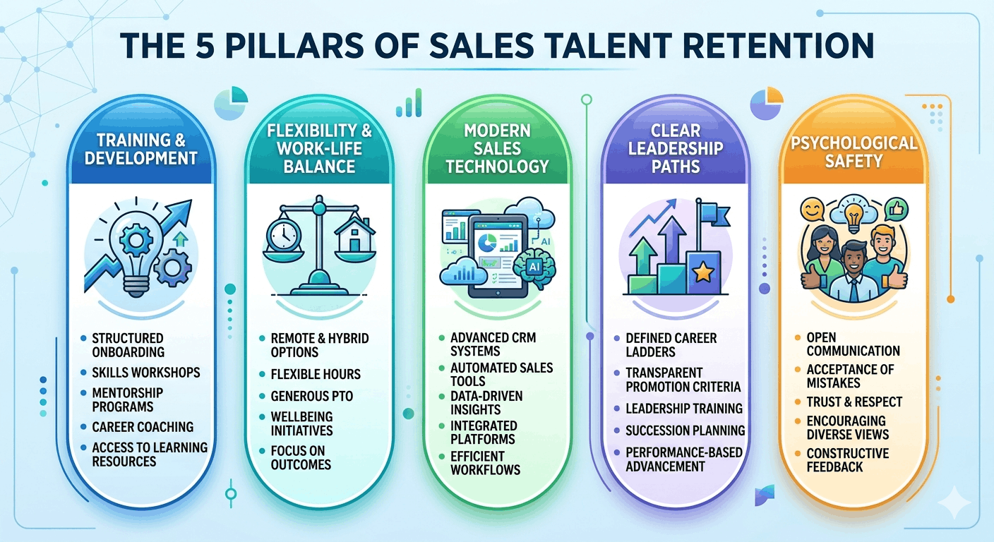 An infographic illustrating the 5 pillars of sales talent retention—Training, Flexibility, Technology, Leadership Paths, and Psychological Safety—for businesses in Florida.