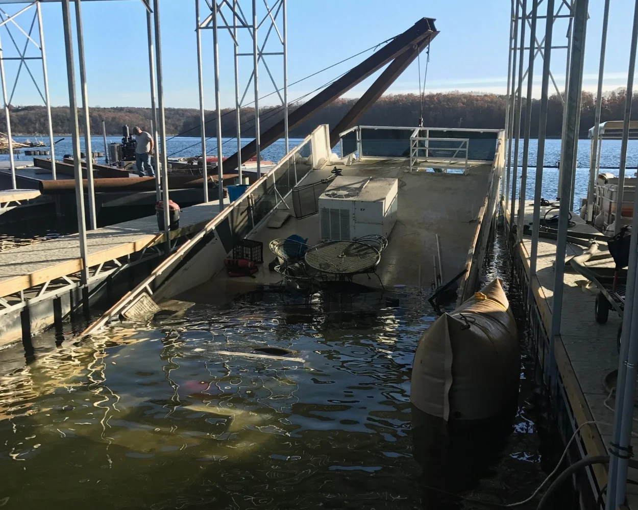 Recovered boat in a dock slip