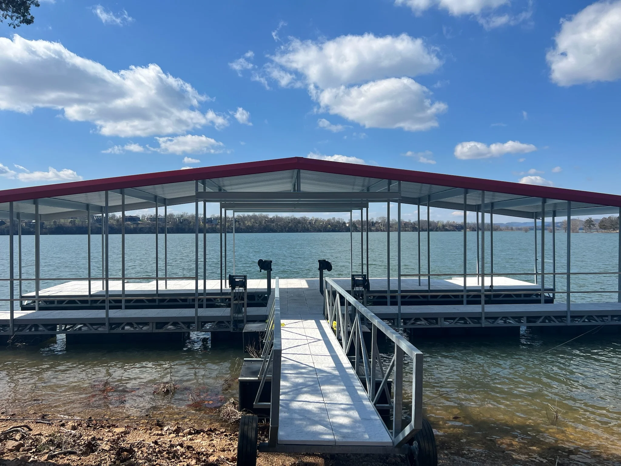 Floating dock with a red roof