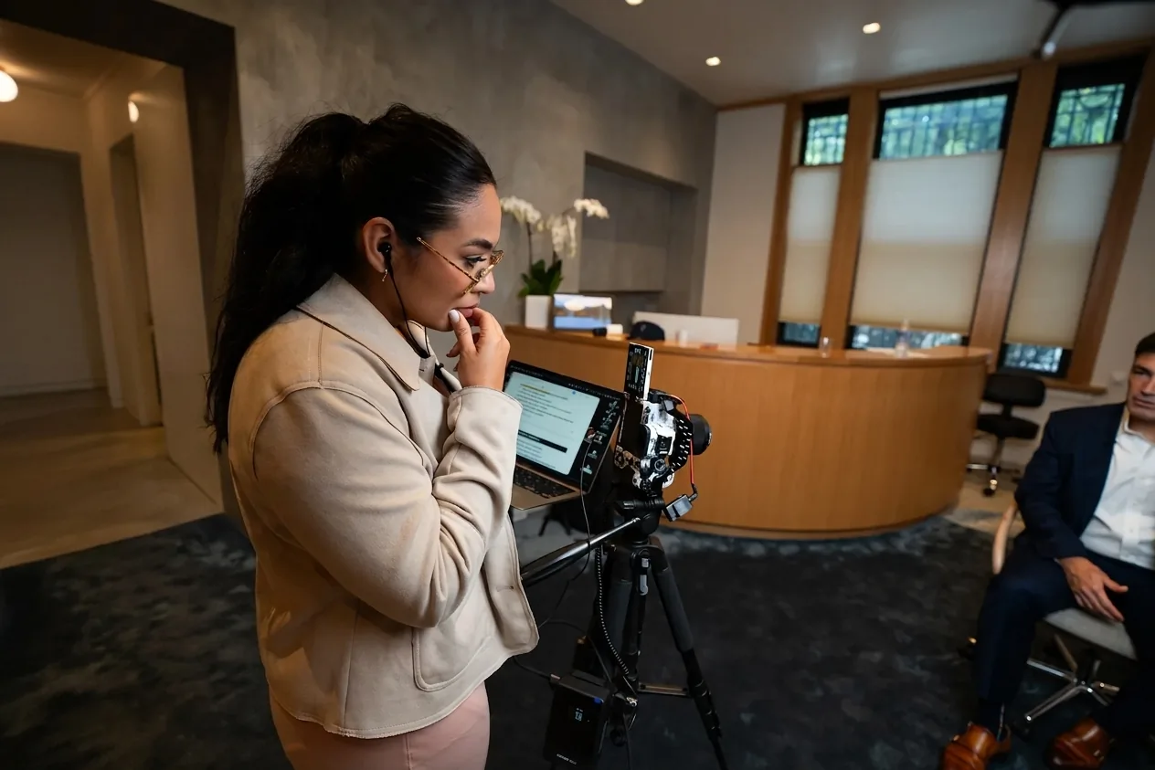 Reviewing the live-view monitor on set