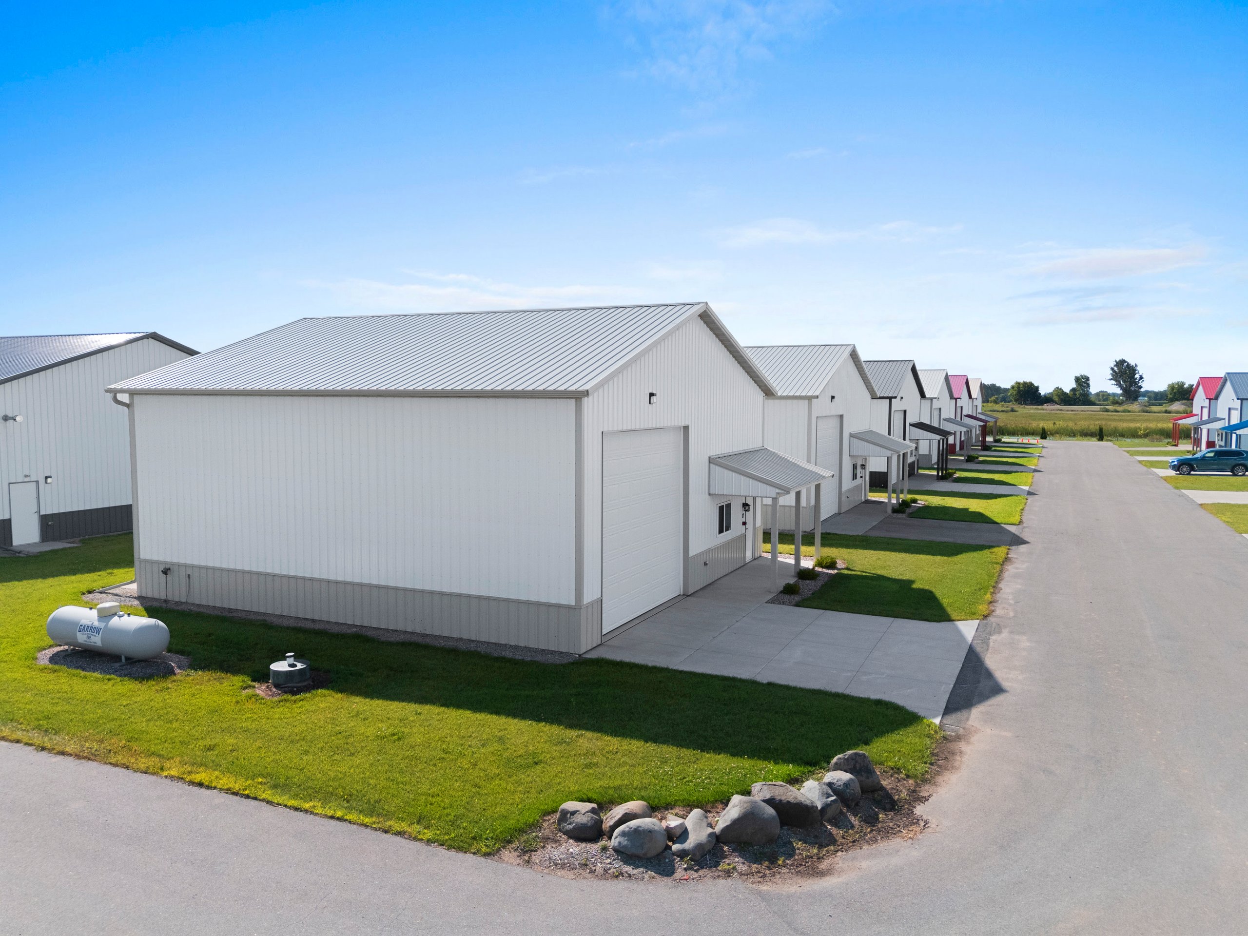 Row of Fox Valley Man Caves steel storage condos