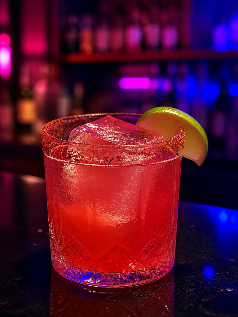 A chilled pink tequila cocktail with a chamoy-and-chile rim, clear ice, and a fresh lime wedge