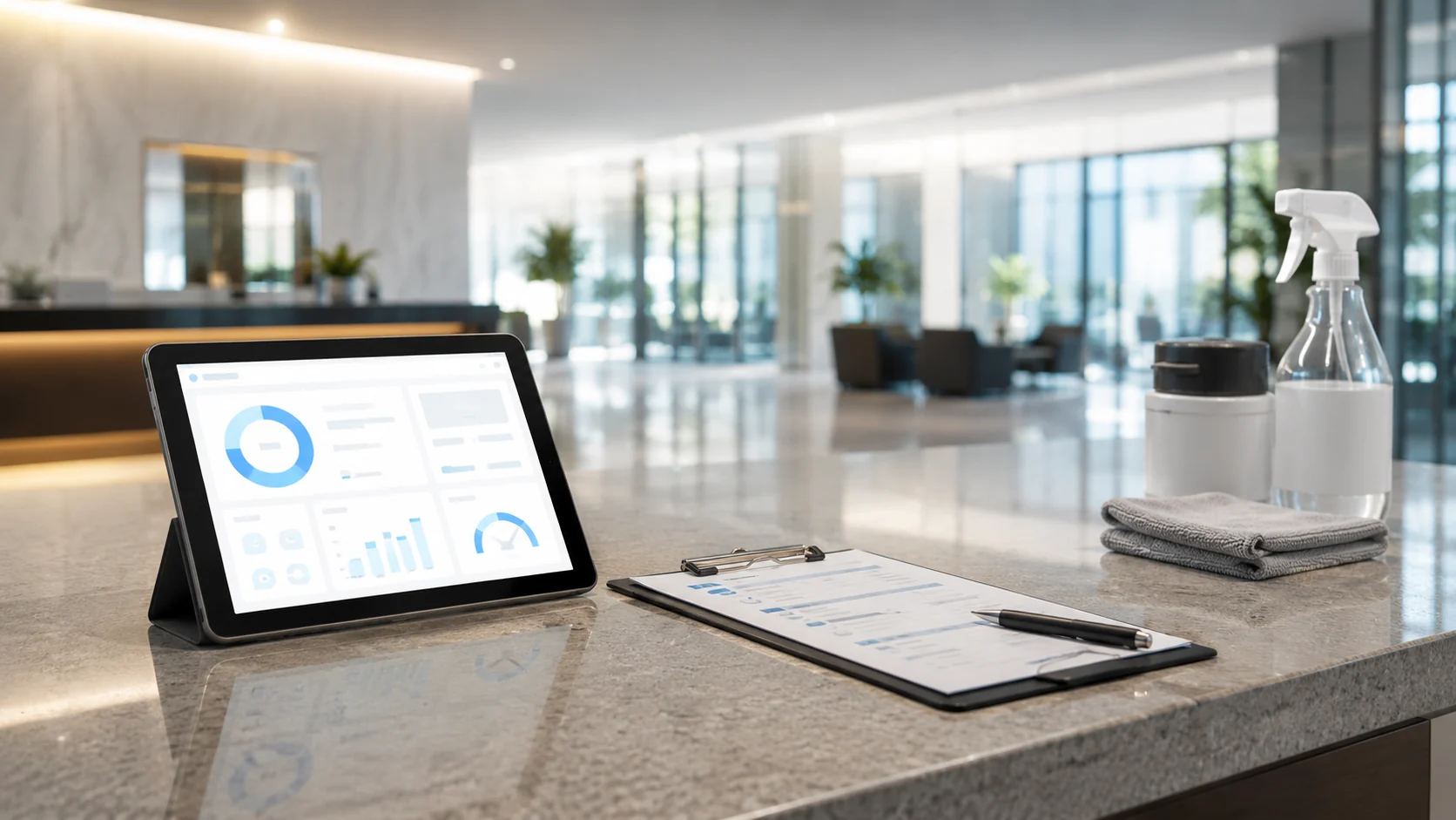 Facility hygiene score quiz on tablet — HomeMaid Cleaning Pro assessment tool