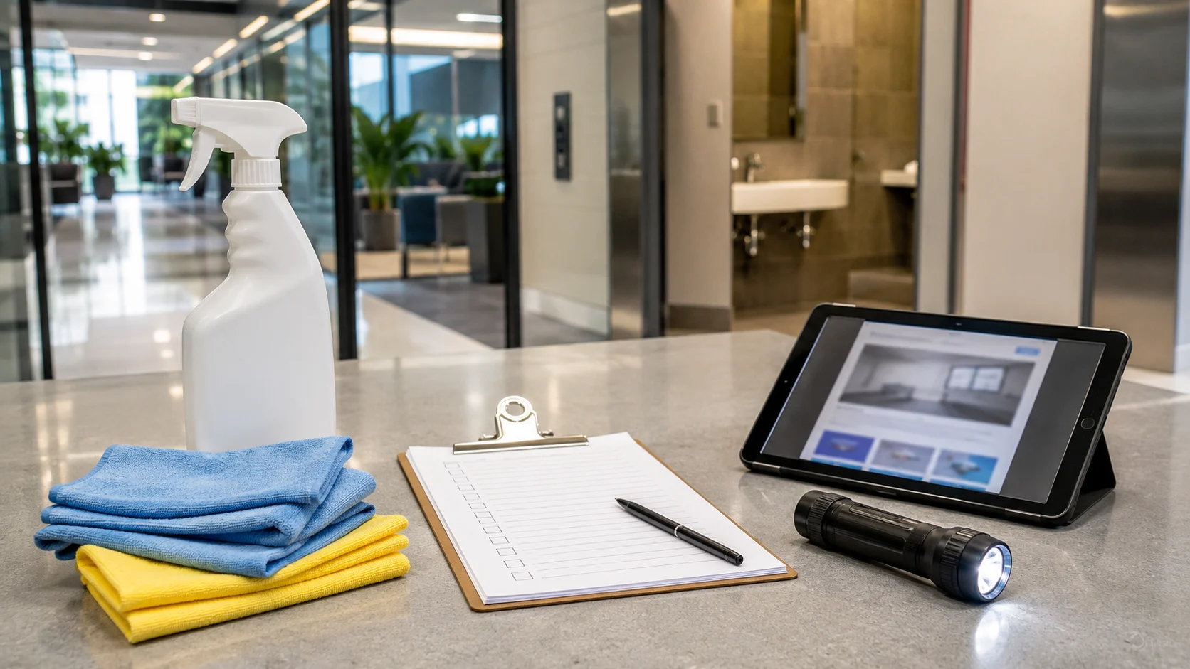Trained Facility Hygiene Technician reviewing scorecard