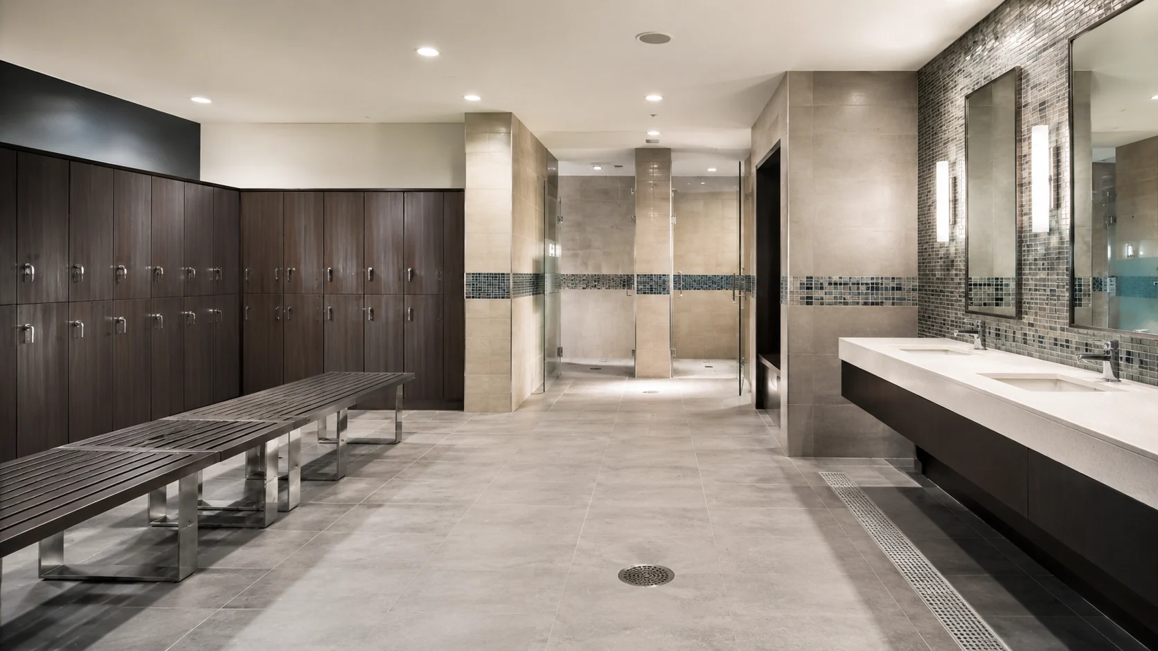 Modern locker room and restroom professionally cleaned