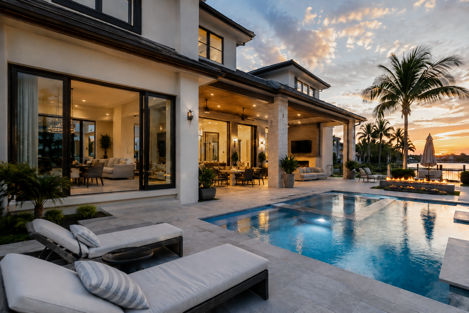 Luxury waterfront home with swimming pool and outdoor living space
