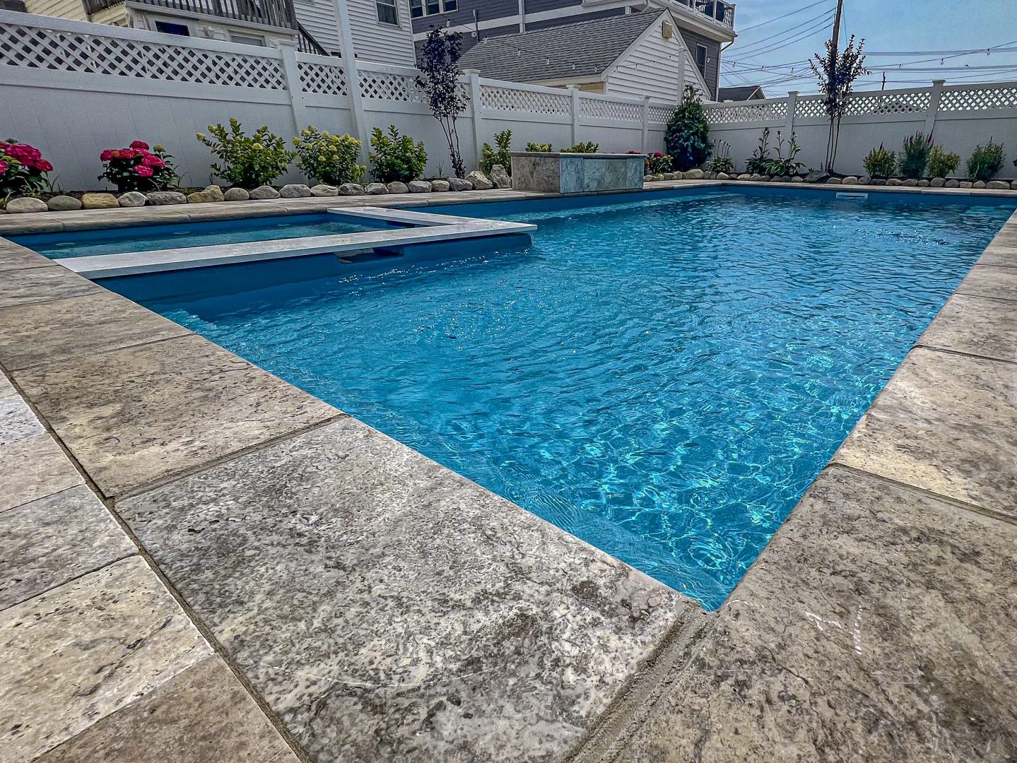 Finished residential fiberglass swimming pool