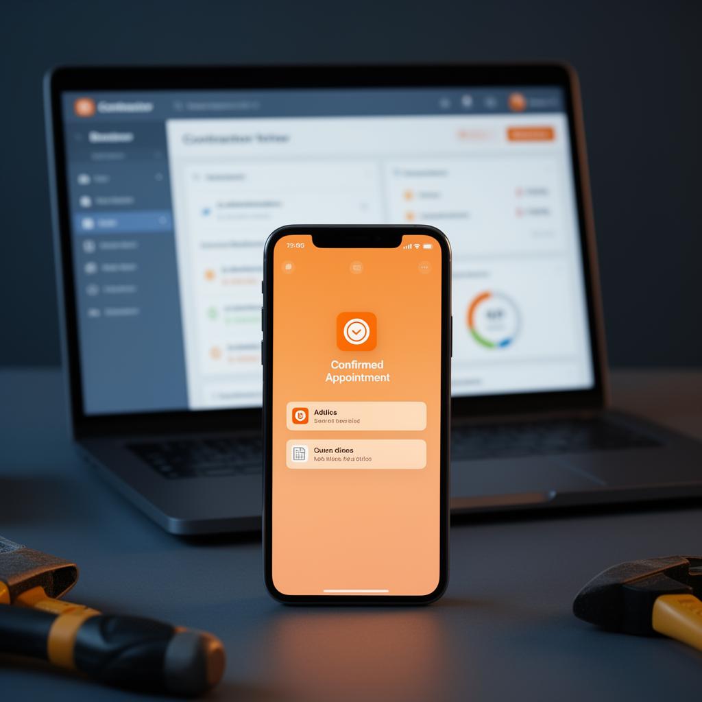 Smartphone showing confirmed appointment with contractor CRM dashboard