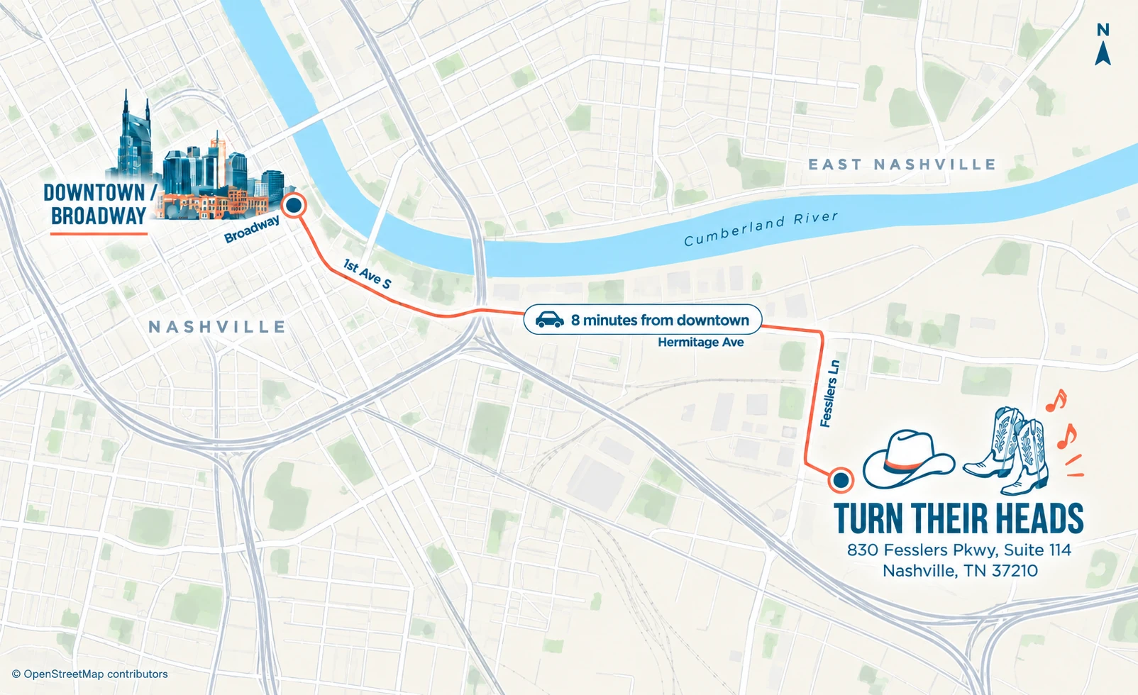 Illustrated map from downtown Nashville and Broadway to Turn Their Heads at 830 Fesslers Pkwy, Suite 114.
