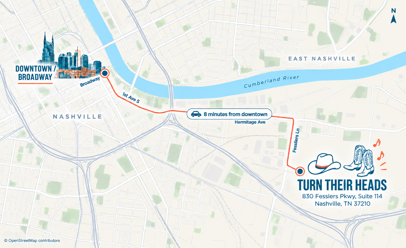 Illustrated map from downtown Nashville and Broadway to Turn Their Heads at 830 Fesslers Pkwy, Suite 114.