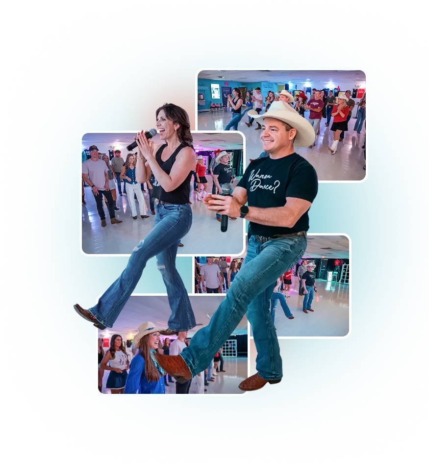 Public line dance lesson collage with dancers and studio photos