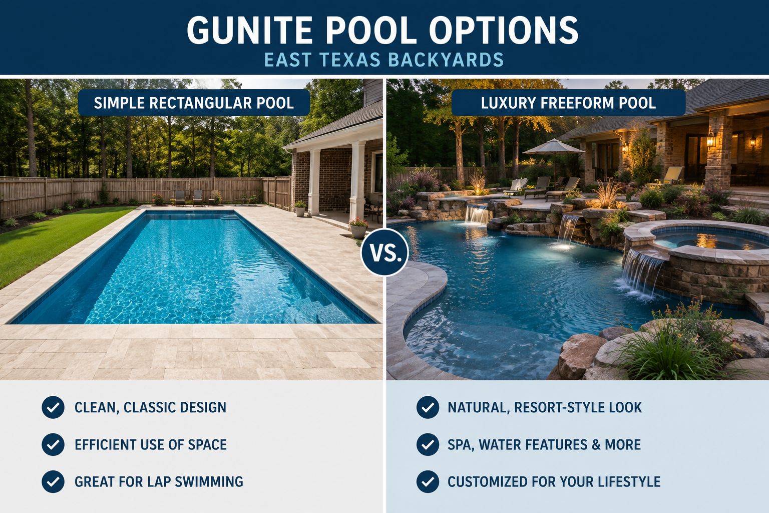 Side-by-side comparison of a rectangular gunite pool and a luxury freeform gunite pool with spa and water features in East Texas residential backyards. Side-by-side comparison of a rectangular gunite pool and a luxury freeform gunite pool with spa and water features in East Texas residential backyards.