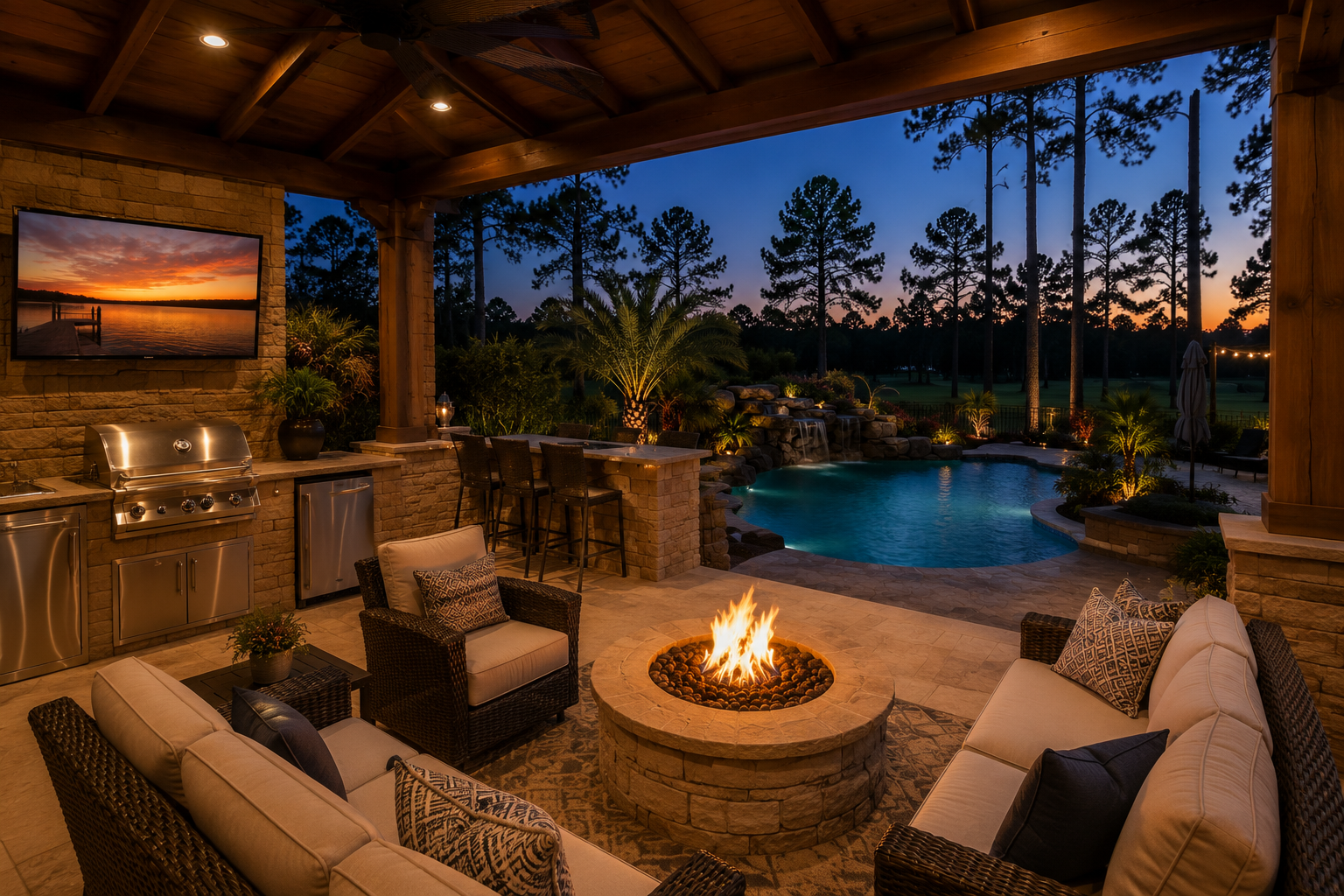 Outdoor living area with cabana, kitchen, and fire pit next to custom pool in East Texas Outdoor living area with cabana, kitchen, and fire pit next to custom pool in East Texas