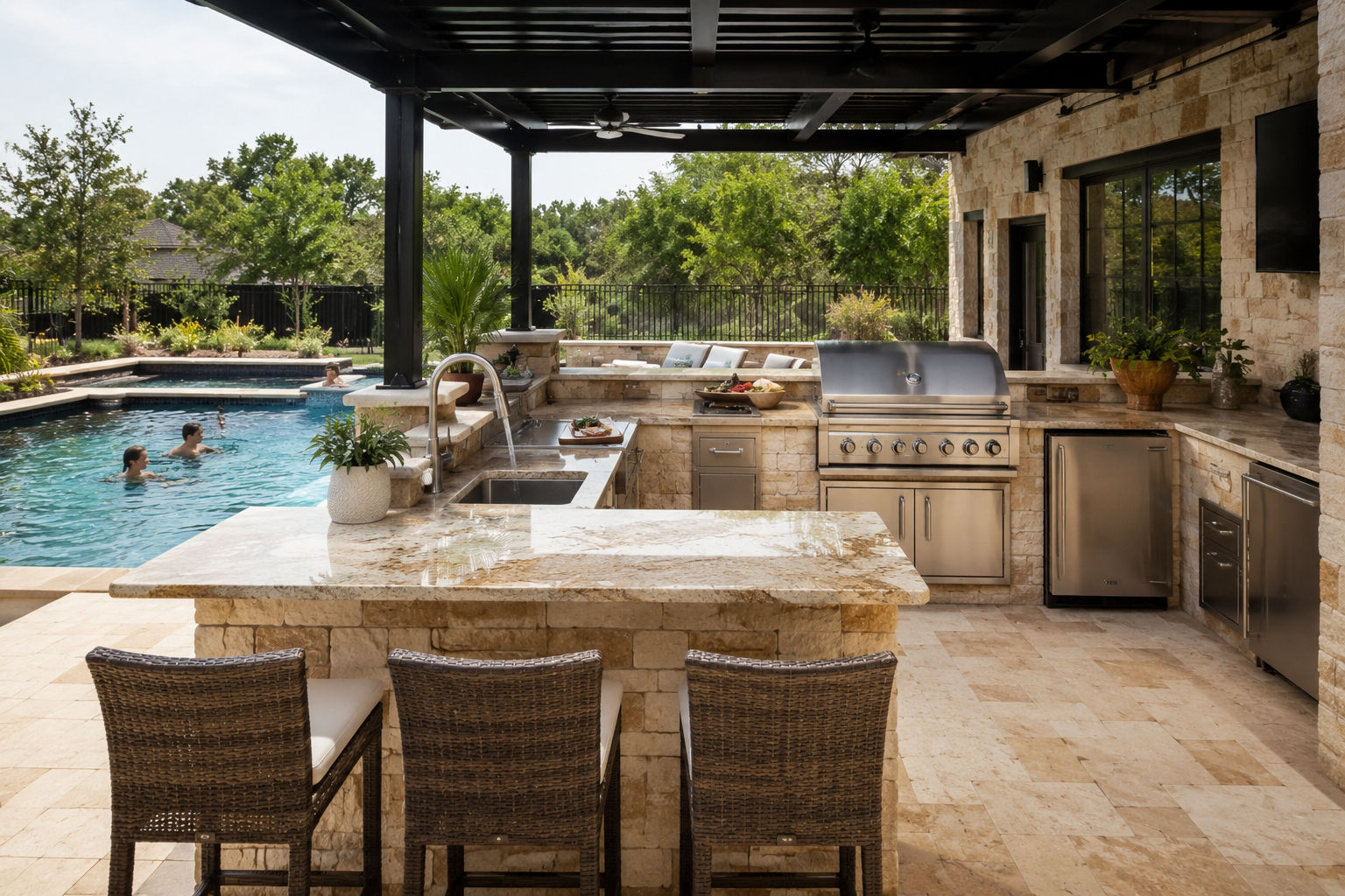Built-in outdoor kitchen with grill, bar seating, and storage next to custom pool in Longview Texas
