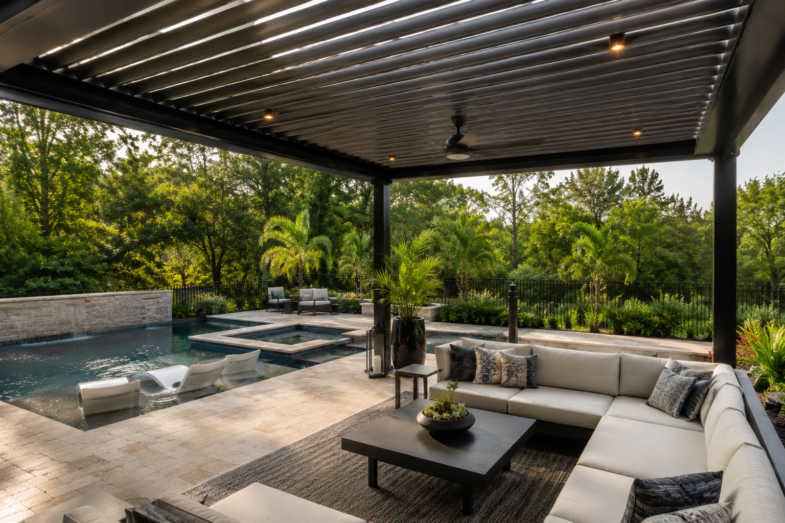 Covered pergola with lounge furniture and ceiling fan beside custom gunite pool in East Texas