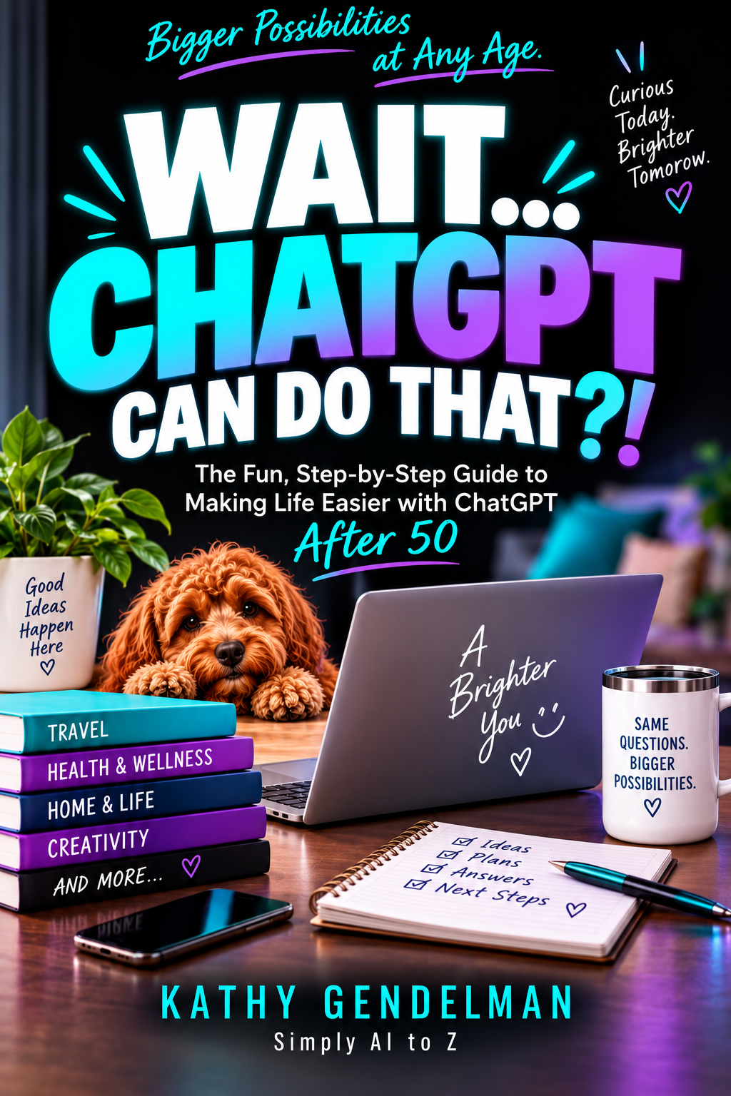 Book cover: WAIT... CHATGPT CAN DO THAT?! The Fun, Step-by-Step Guide to Making Life Easier with ChatGPT After 50, by Kathy Gendelman