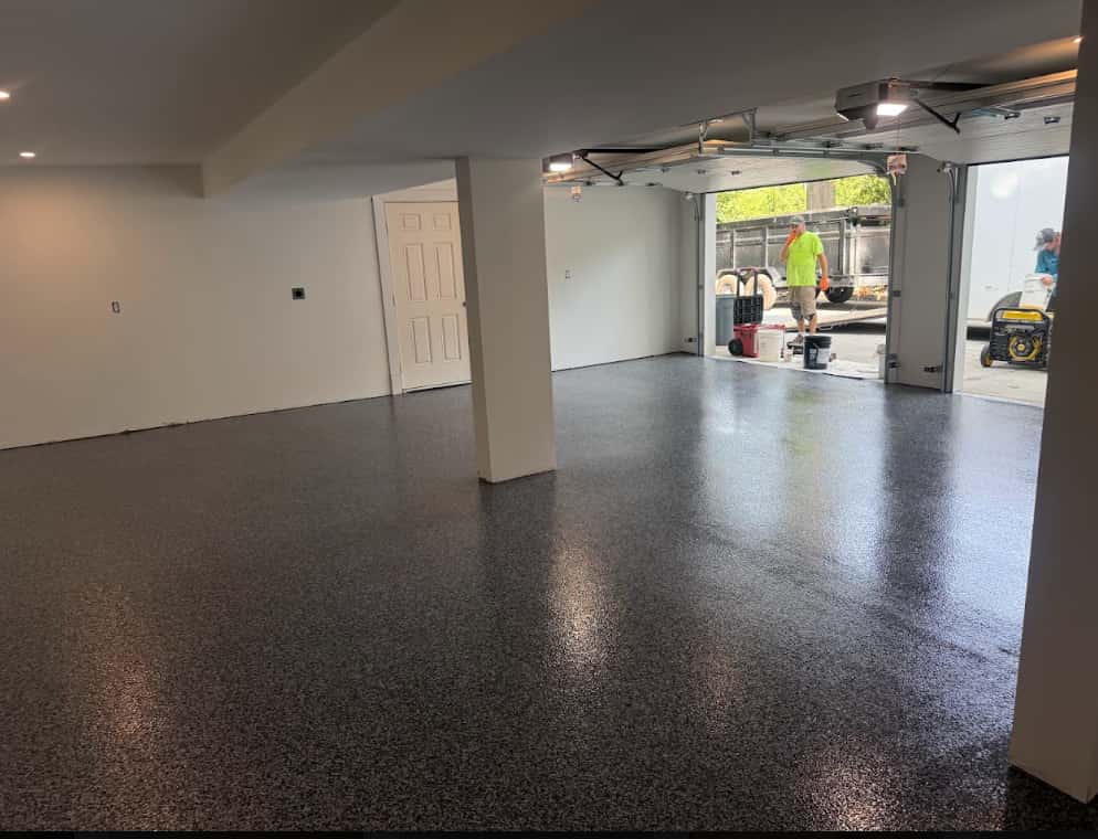 Finished epoxy flake floor in a residential two-car garage