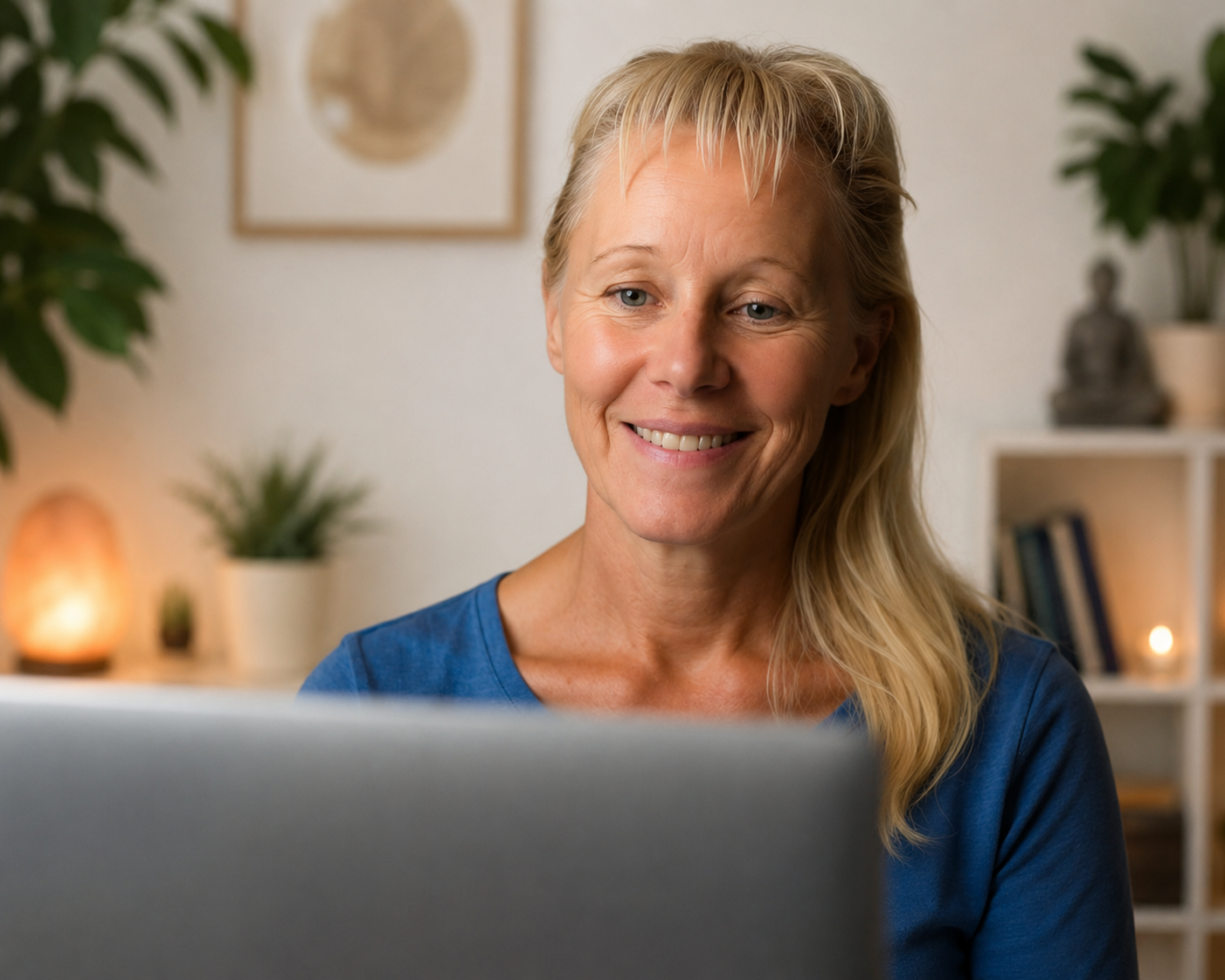 Katrine har en online samtale med en klient