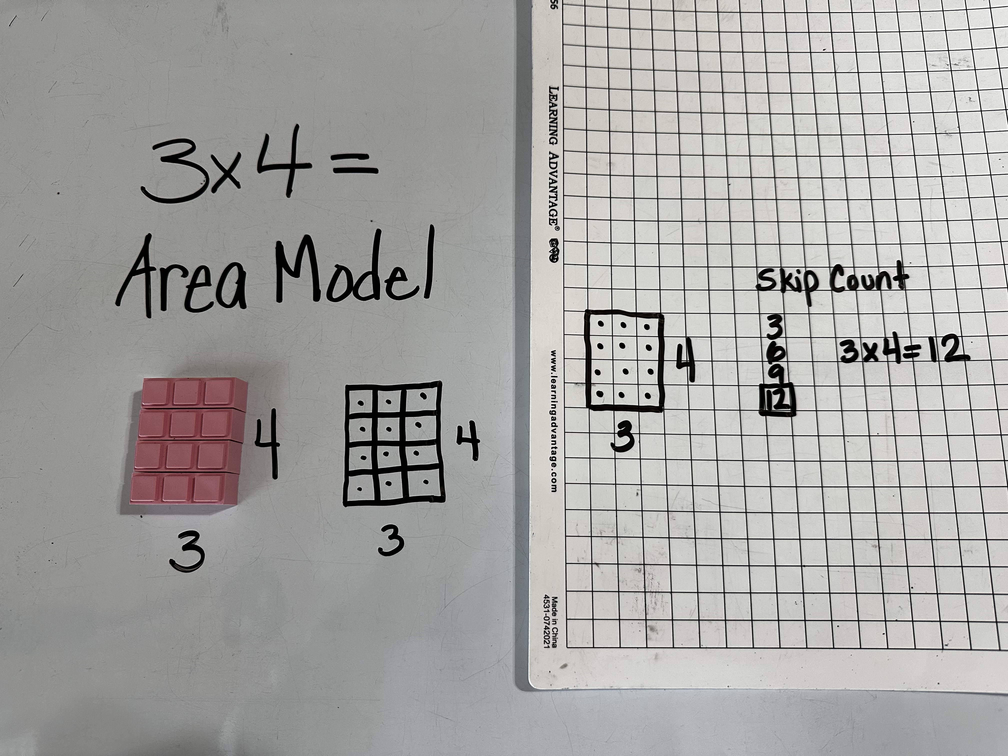 Multiplication area model showing concrete manipulatives representational drawing and abstract skip counting demonstrating the CRA method used in dyscalculia tutoring Multiplication area model showing concrete manipulatives representational drawing and abstract skip counting demonstrating the CRA method used in dyscalculia tutoring