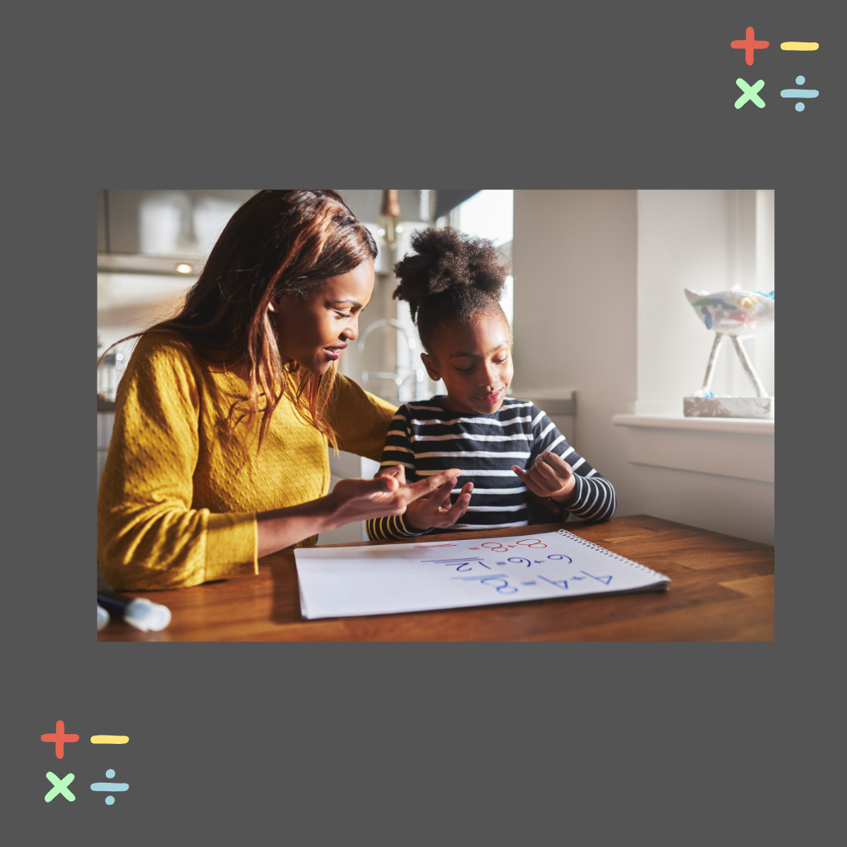 Parent sitting with young child at kitchen table helping with math homework illustrating support after a dyscalculia diagnosis Parent sitting with young child at kitchen table helping with math homework illustrating support after a dyscalculia diagnosis