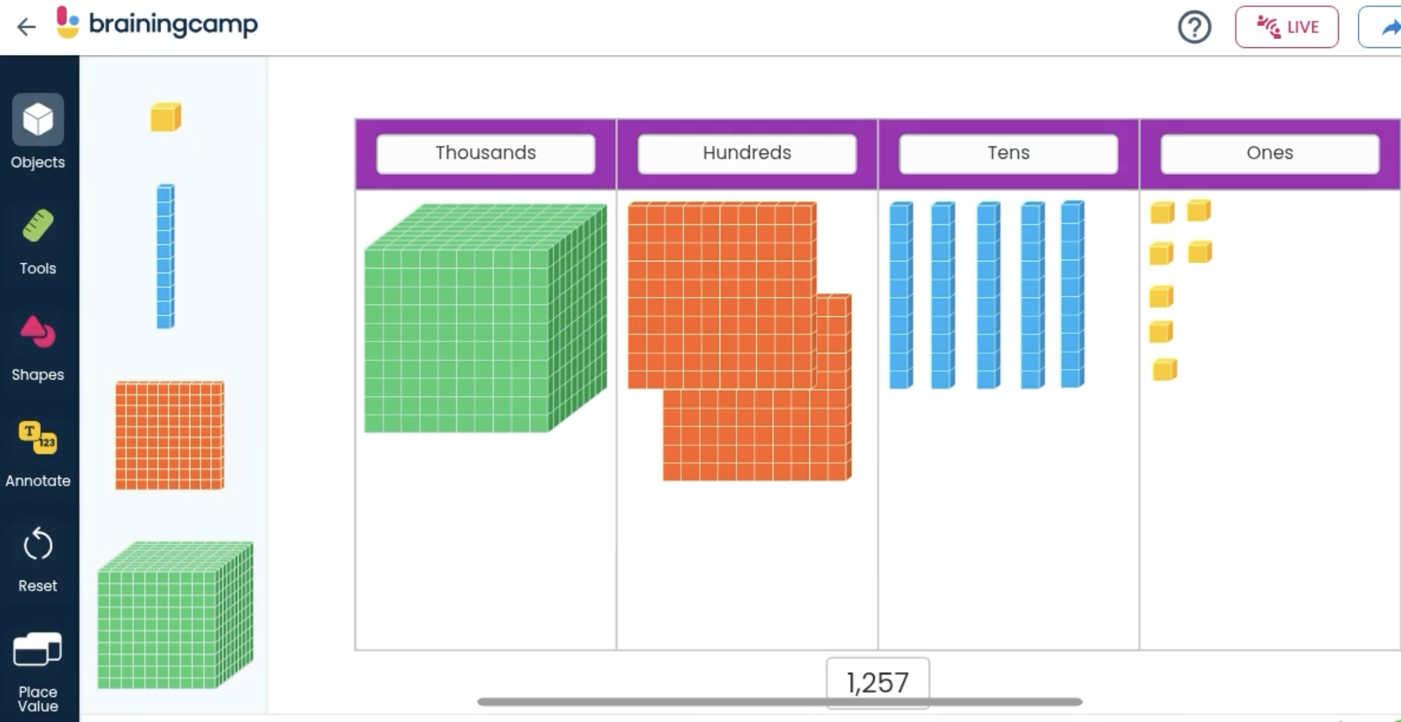 Screenshot of Koala Go co-browser showing digital base ten blocks arranged in a place value chart with thousands hundreds tens and ones columns used in dyscalculia tutoring sessions Screenshot of Koala Go co-browser showing digital base ten blocks arranged in a place value chart with thousands hundreds tens and ones columns used in dyscalculia tutoring sessions