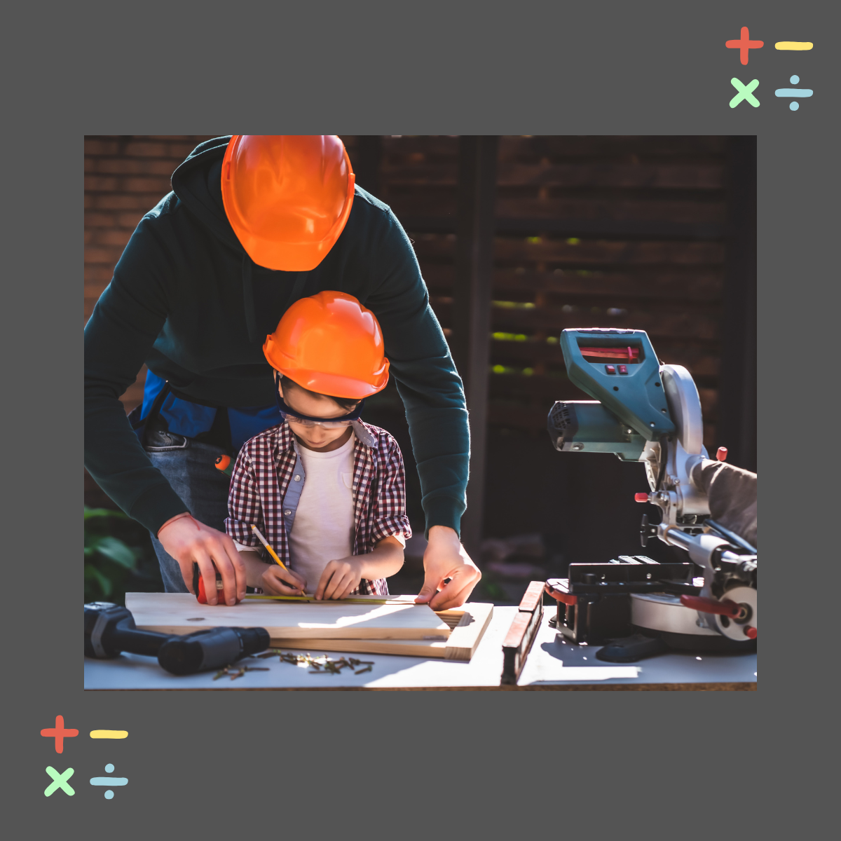 Adult and child wearing hard hats measuring wood together on a workbench illustrating how everyday home repair activities build math skills for students with dyscalculia Adult and child wearing hard hats measuring wood together on a workbench illustrating how everyday home repair activities build math skills for students with dyscalculia