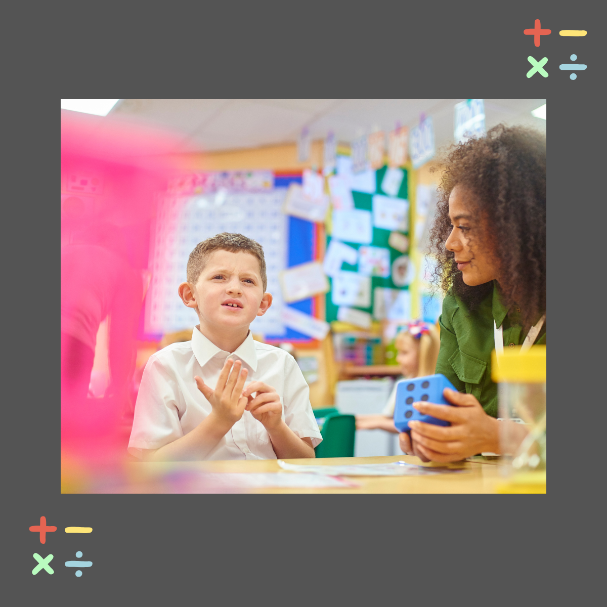Teacher working one on one with a young student in a classroom setting holding a math manipulative illustrating hands on support for a student with dyscalculia