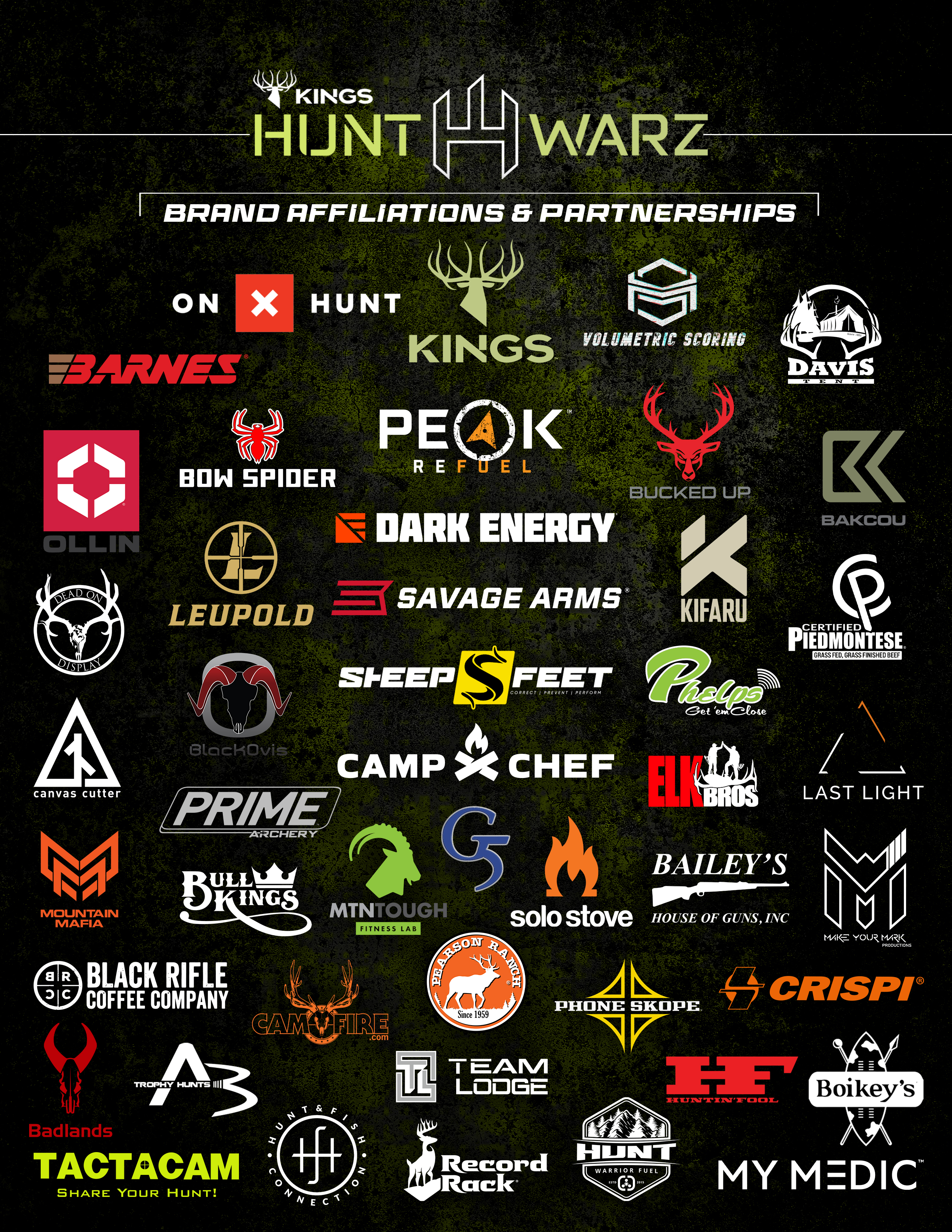  Kings Camo, OnX Hunt, Volumetric Scoring, Bakcou E-Bikes, Peak Fuel, Elk Bros, Sheep Feet, Camp Chef, Bucked Up, Bow Spider, MTN Tough, Dark Energy, Kifaru, My Medic, Ollin, Phelps Game Calls, Davis, and Team Lodge.