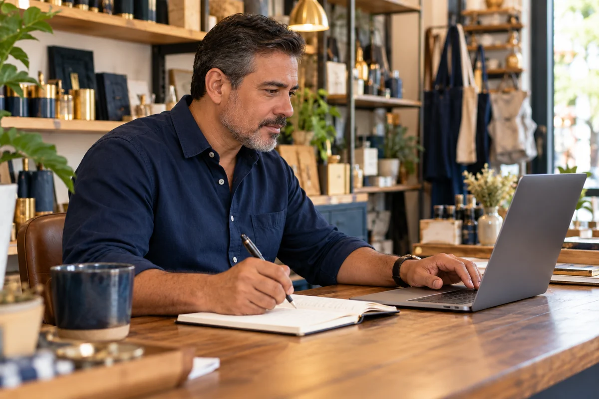 A business owner reviewing his laptop and writing an action plan