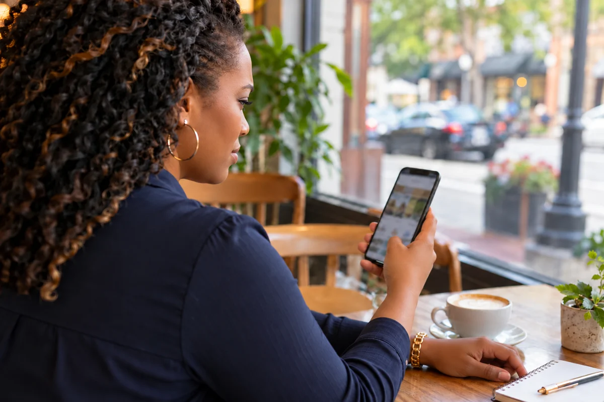 A customer checking a business on her phone