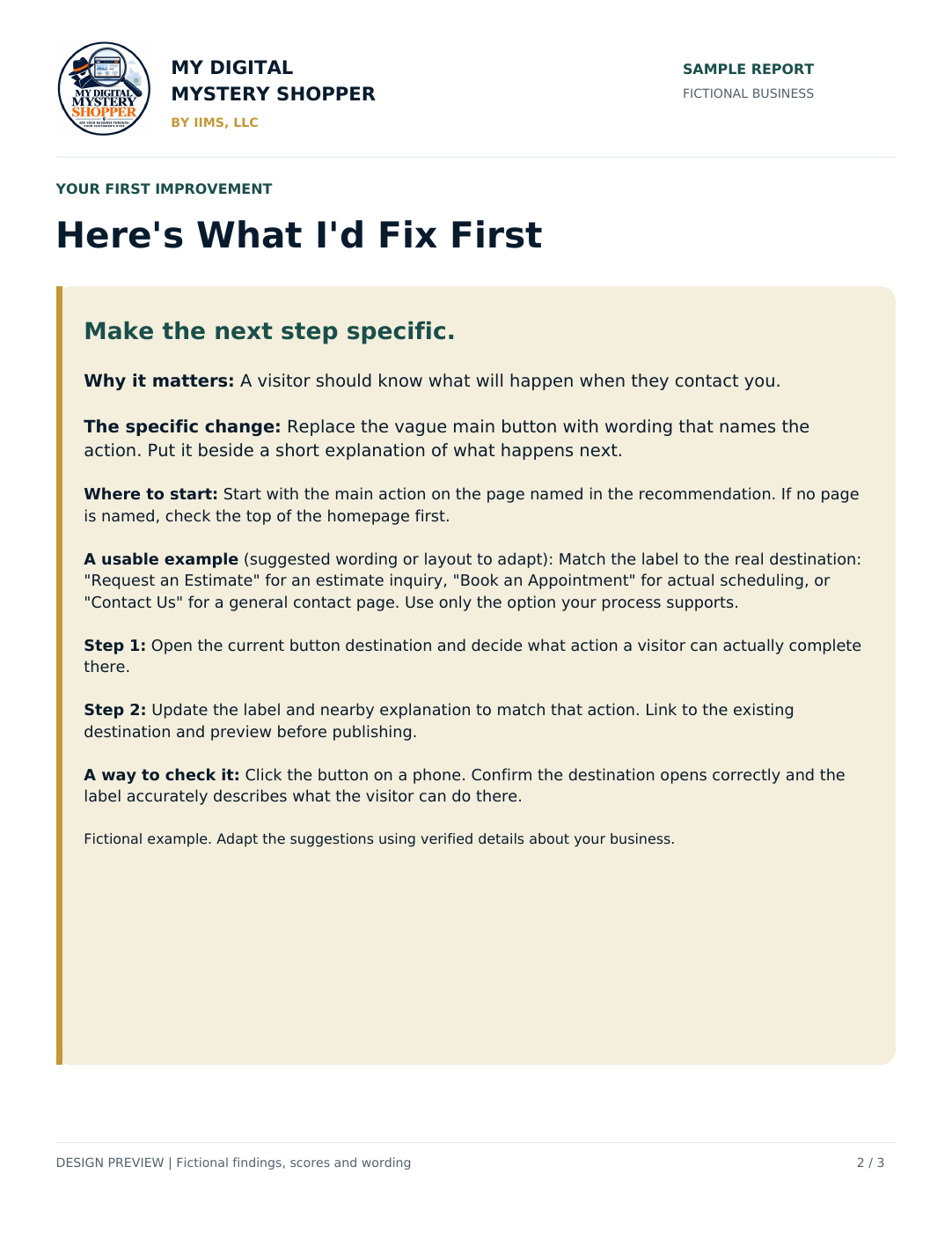 Fictional sample report showing Here’s What I’d Fix First, an adaptable example, starting steps, and a way to check the change