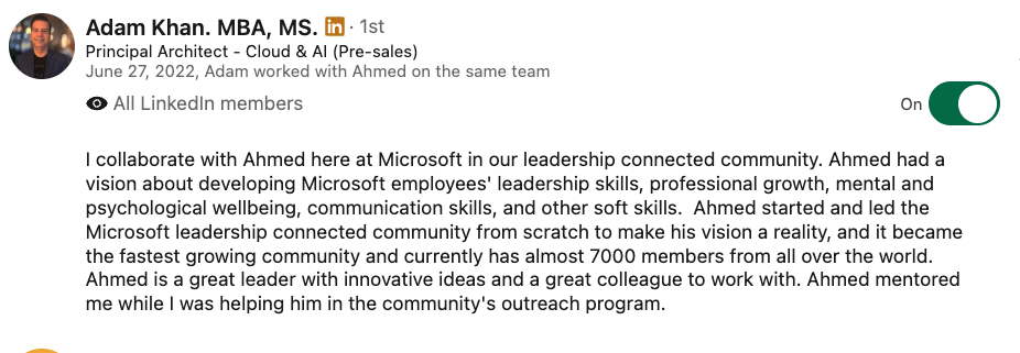 LinkedIn recommendation for Ahmed Zayed