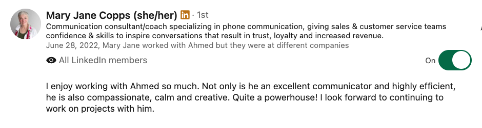 LinkedIn recommendation for Ahmed Zayed