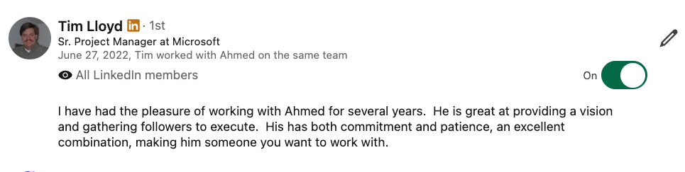 LinkedIn recommendation for Ahmed Zayed