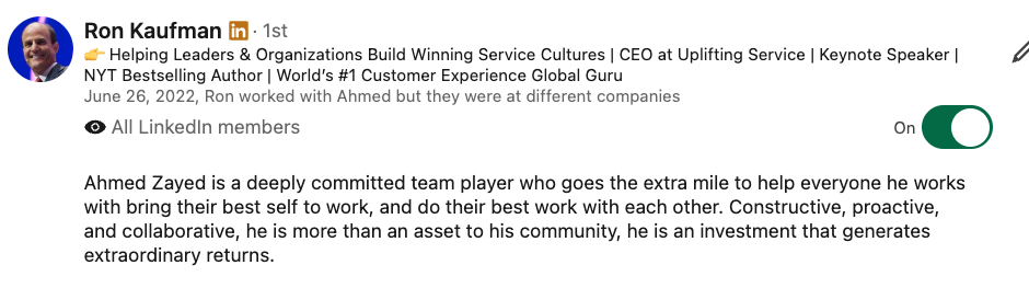 LinkedIn recommendation for Ahmed Zayed