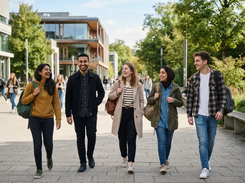 A group of diverse international students smiling together outdoors on a German university campus