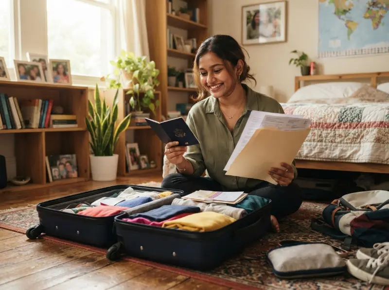 An international student packing a suitcase with a passport and documents at home before moving to Germany