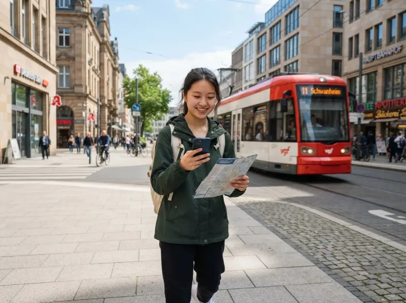 An international student holding a smartphone and a city map on a German street after arriving in Germany