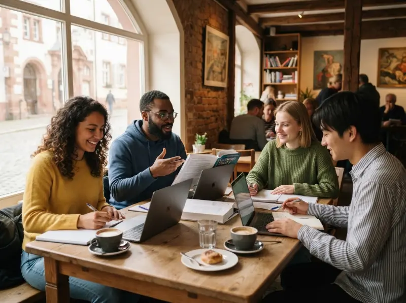 Diverse international students studying together with laptops in a bright German cafe