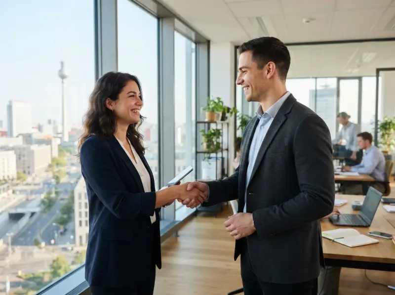 A young professional shaking hands with a colleague in a bright modern German office