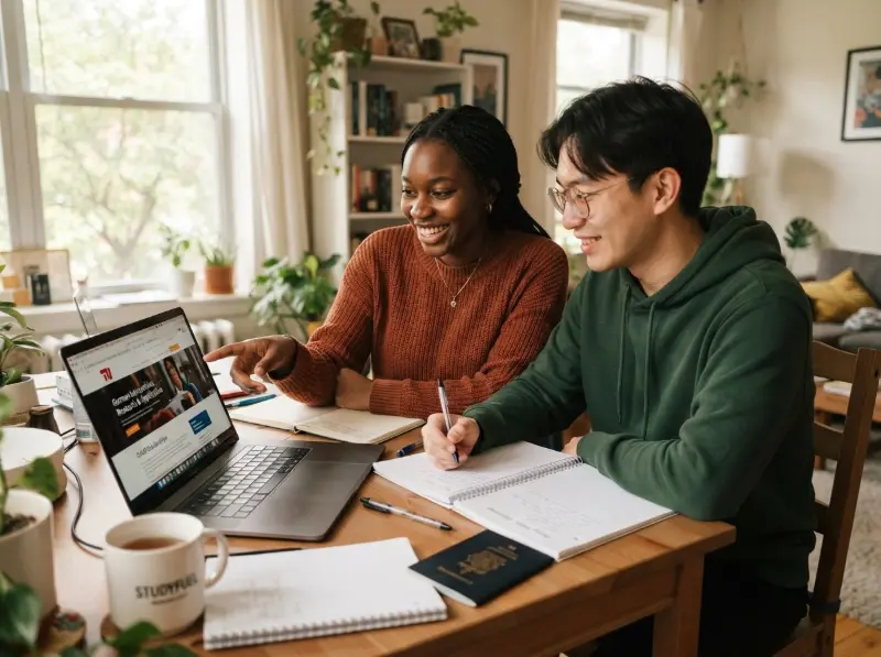 Two international students researching German universities together on a laptop at a bright home desk
