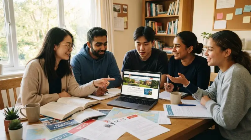 International students researching universities together on a laptop at a bright home desk before moving to Germany
