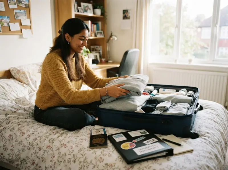 An international student packing a suitcase with a passport and documents before moving to Germany